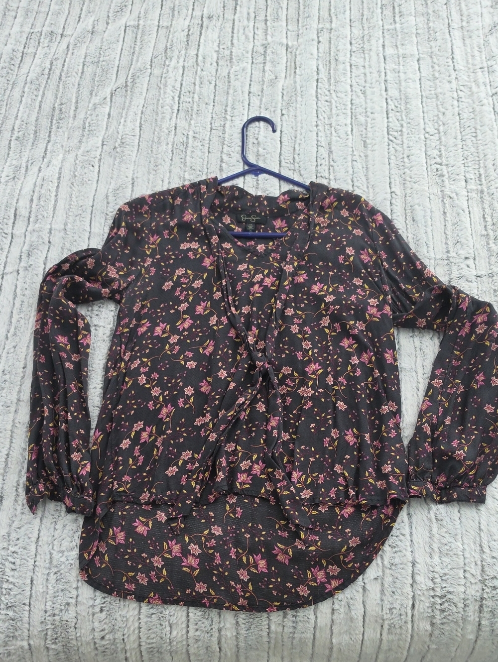 Jessica Simpson Black Floral Tie-Front Blouse with Pink Accents